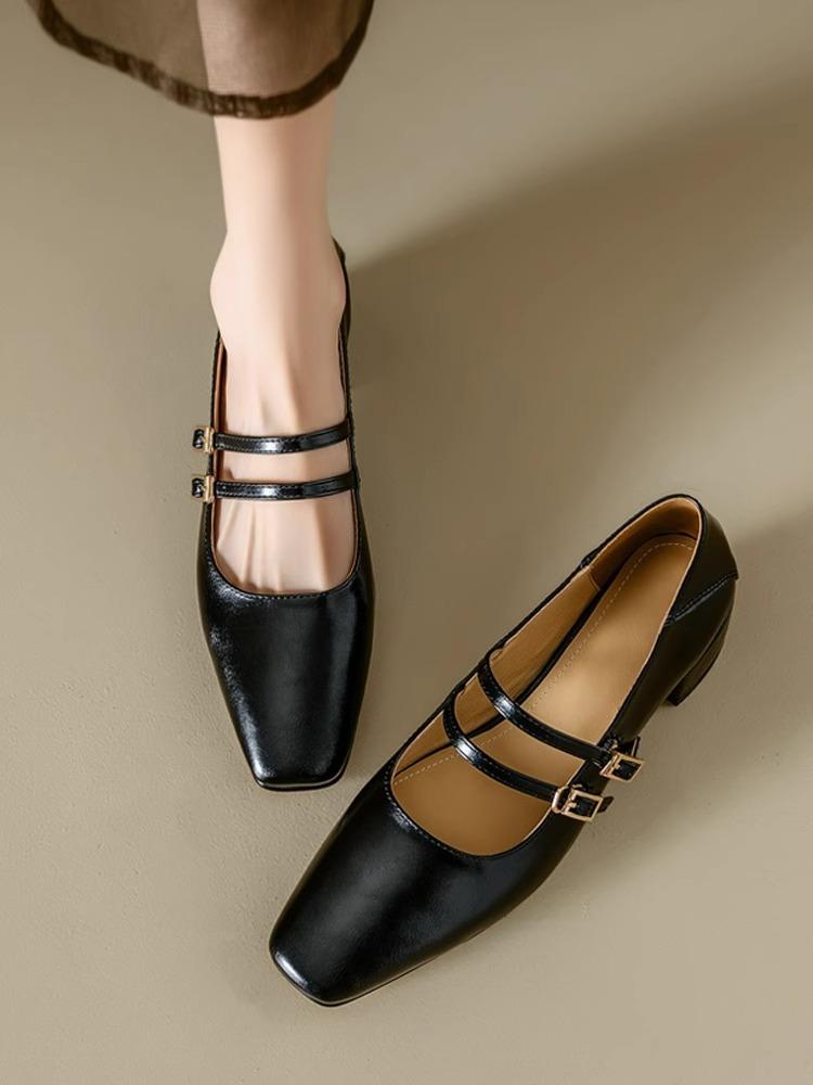 Women's Mary Jane Shoes 2025 Spring Autumn New Buckle Strap Luxury Leather Shoes Comfortable Square Toe Party Sexy Pumps