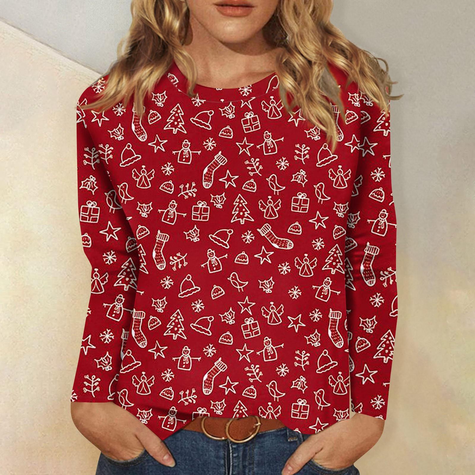 

Женская модная повседневная футболка с круглым вырезом и рождественским принтом и длинными рукавами L красный