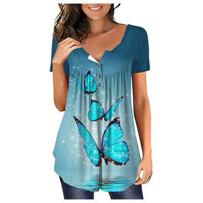Summer Women's Short Sleeve Floral 3D Printed Buttons T Shirt Ladies Plus Size Top