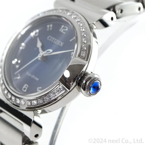 Citizen ROUND Collection Watch, EM1120-87L, Women's, Waterproof, Navy Blue with Diamonds, Solar-powered Eco-Drive, Silver.