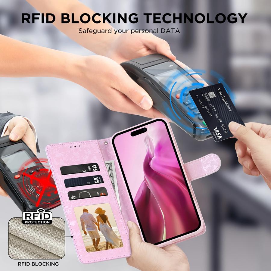 Funda de teléfono de lujo con diseño de flores en relieve para iPhone 16, 15, 14, 13, 12 y 11, Samsung S25, S24, S23, A16, A15, A14, A56 y A55, con tarjetero y bloqueo RFID.