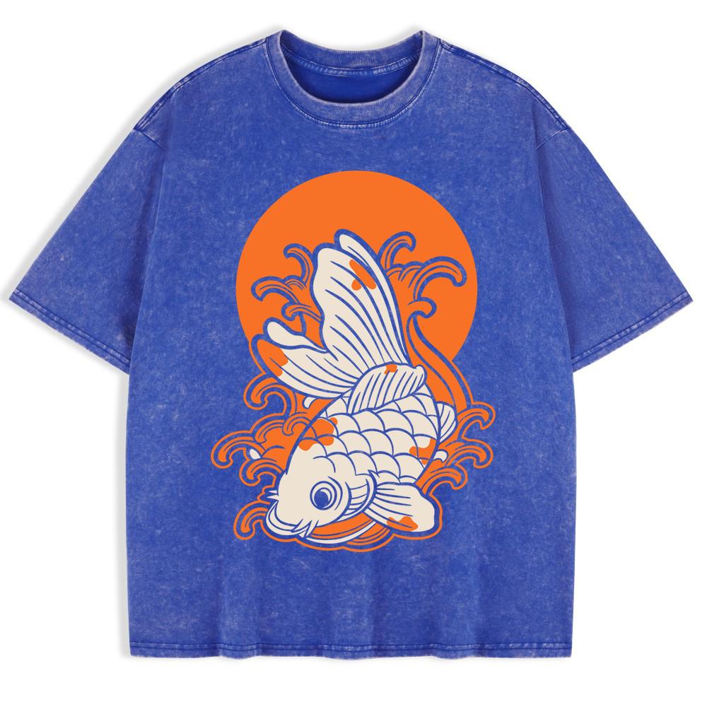 Japanese Koi Harajuku Printed Washed T-Shirts Mens Cotton Oversize T Shirt Summer O-Neck Short Sleeve Tops Casual Men Clothes