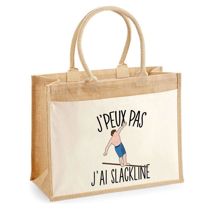Sac de plage - PLANETEE - Jute avec poche Slackline « J'peux pas » - Coton - Multicolore - 43 x 33 cm