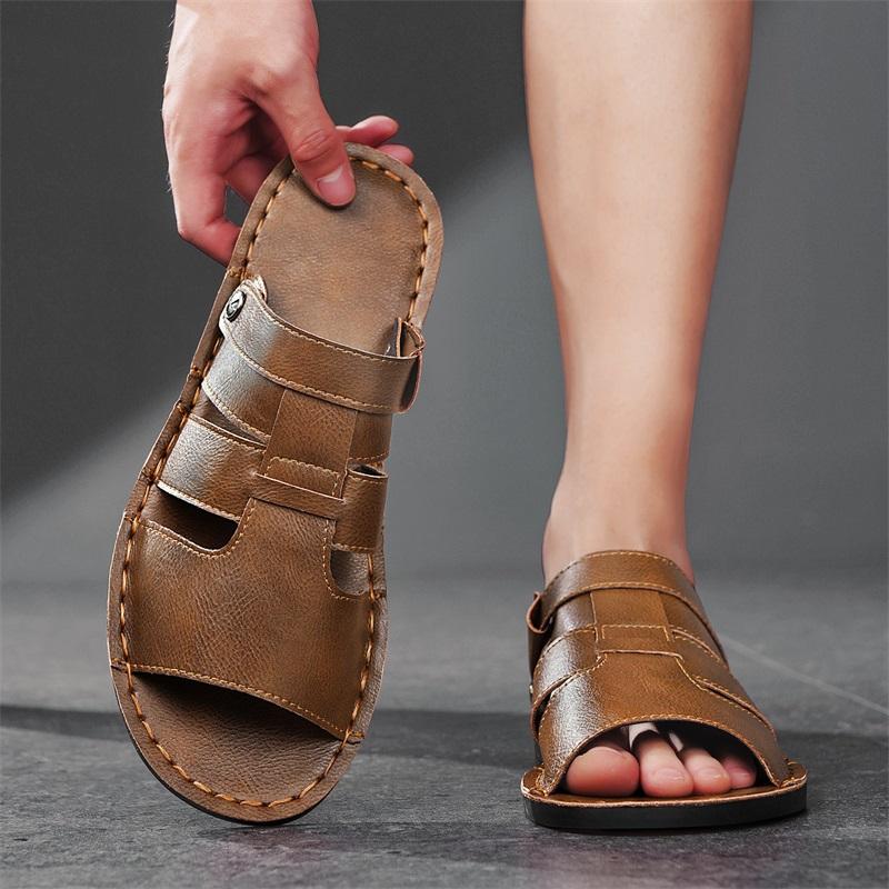 Men Handmade Simple Flats Sandals Summer Roman Sandals Retro Black Brown Leather Open Toe Beach Shoes Plus Size