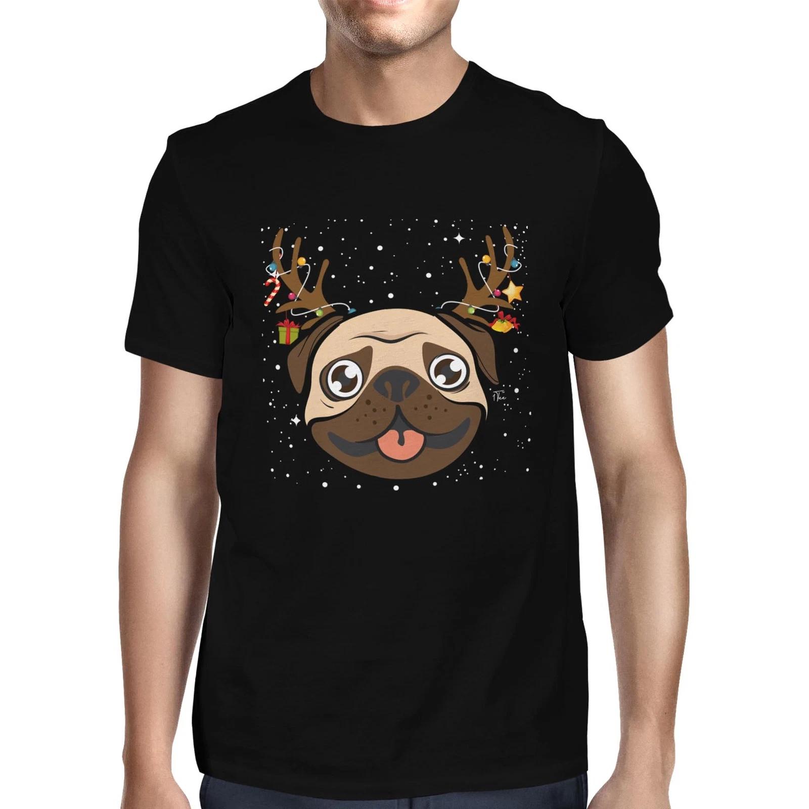 1Tee Mens Adorable Pug Wearing Reindeer Antlers T-Shirt S