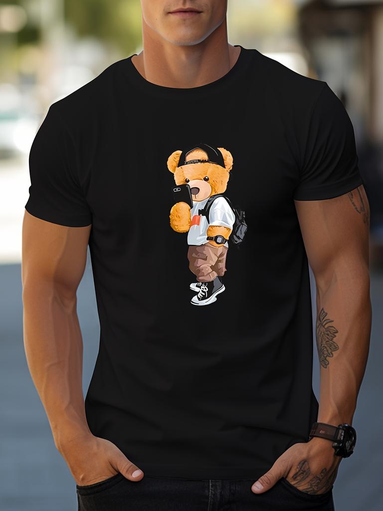 Summer mens casual street style elastic round neck Tshirt with teddy bear pattern Made of pure cotton comfortable