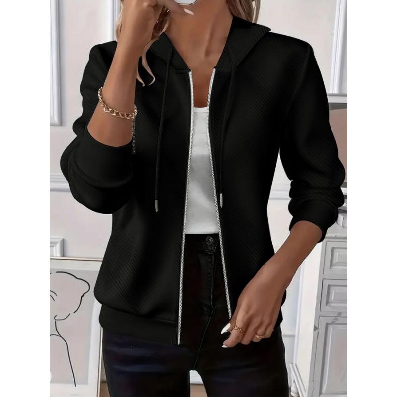 Women Solid Color Loose Long Sleeve Zipper Hooded Knit Jacket