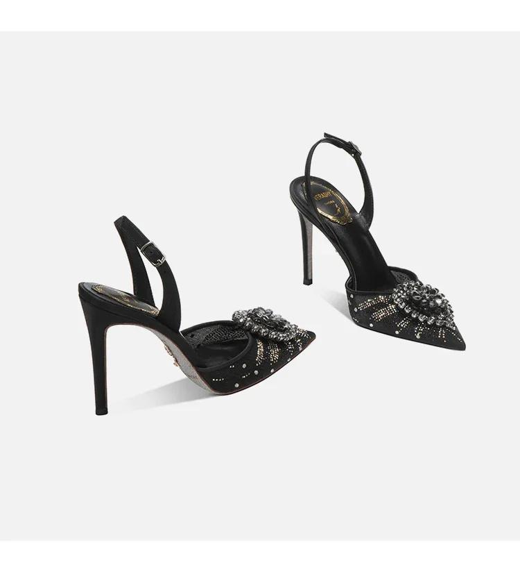 Fashion 2025 New Rhinestone Toe Cap Sandals for Women with a Straight Buckle and Pointed Tip, Sexy Temperament, Socialite Single Shoes