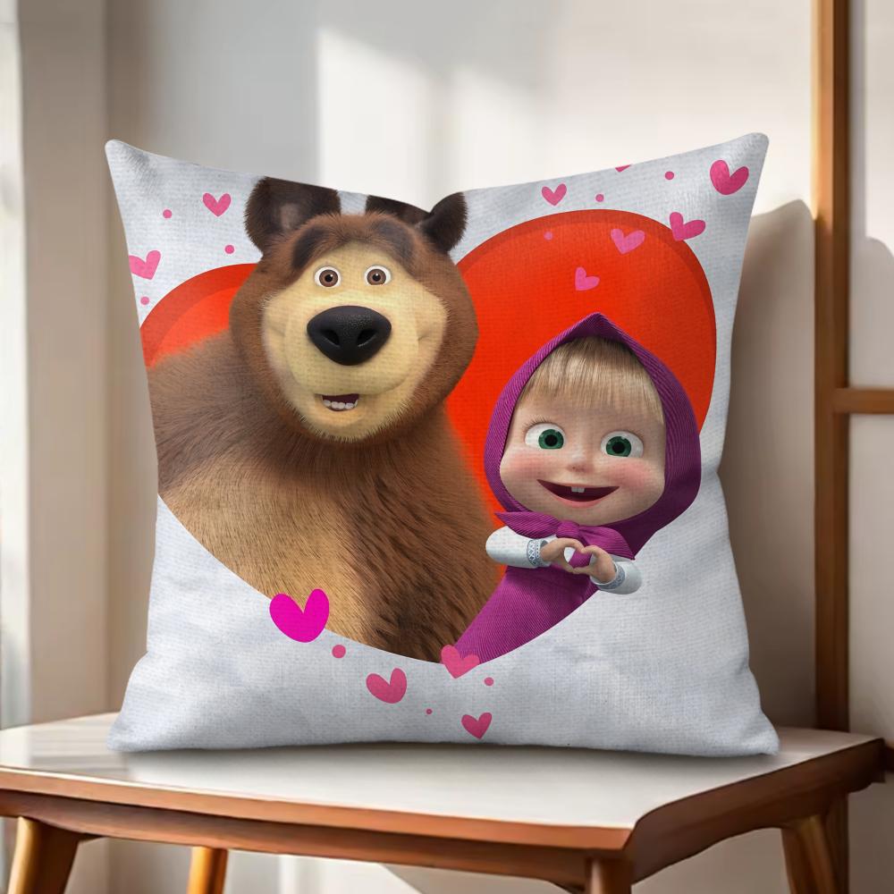 Cute Masha and the Bear Cushion Cover Natural Linen Organic Fabric DoubleSided Printing Couch Pillow Covers Home Decor