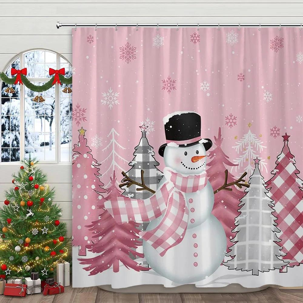 Pink Christmas Printed Shower Curtain Cute Snowman and Christmas Tree Gift Polyester Shower Curtains Bathroom Decor with Hooks