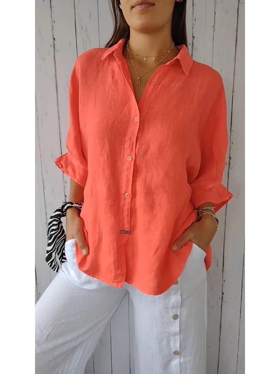 

2024 Европейская и американская хлопково-льняная рубашка с завязкой сзади и длинными рукавами - Весенняя мода 3XL