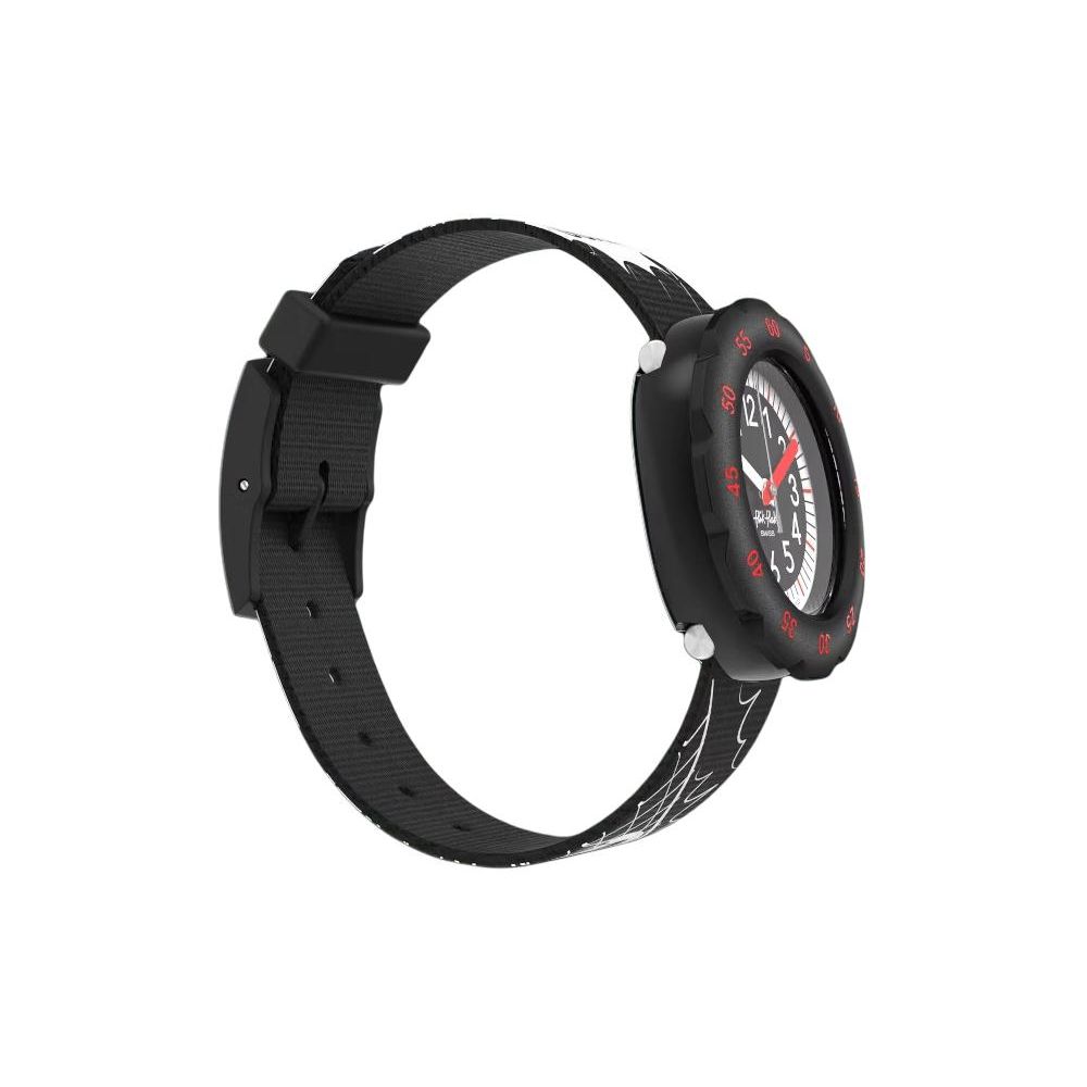 Swatch Flik Flak Series Quartz Movement 30m Water Resistant Watch 34.75mm Black Dial Plastic Case Fabric Strap Unisex Watches ZFPSP064