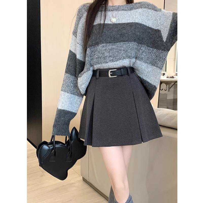 Women's Autumn Winter Grey Wool High-Waisted Fitted Short Skirt Petite Pleated A-Line Casual Design-forward Slimming All-match Versatile Skirt
