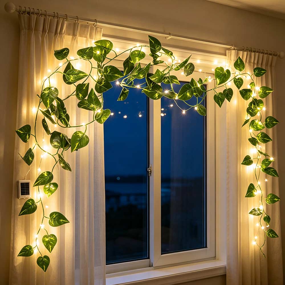 Battery Operated Green Leaf String Lights Artificial Leaf Plants Garland Lamp  Weeding