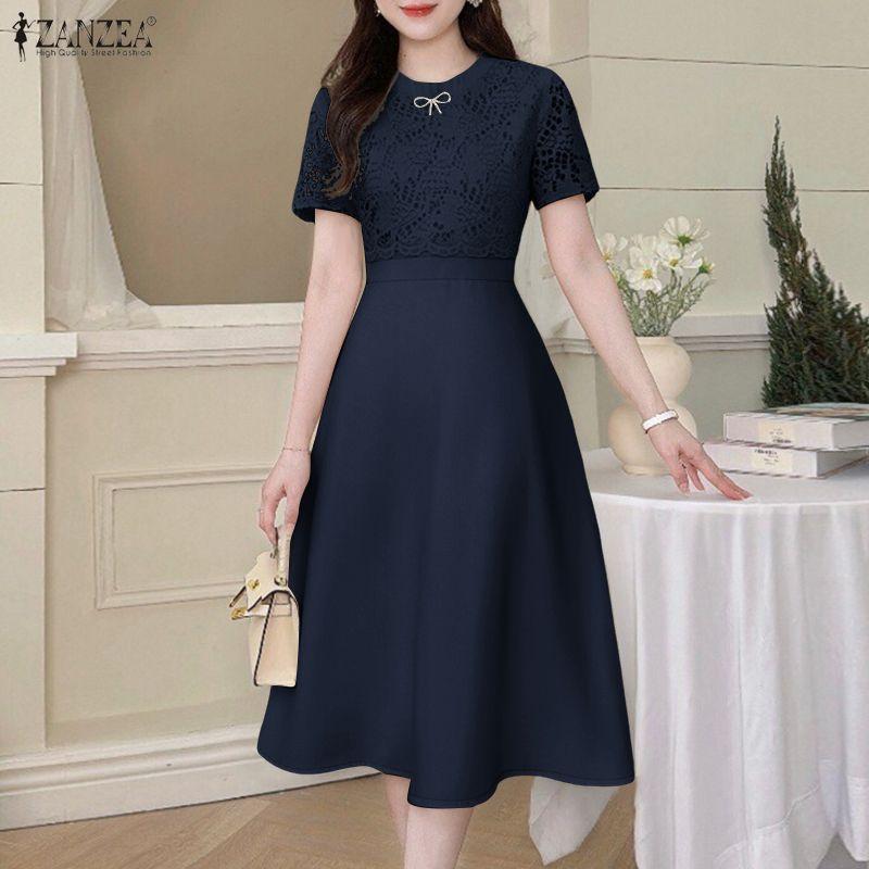 ZANZEA Women Casual Round Neck Short Sleeve Hollow Out Loose Dress S
