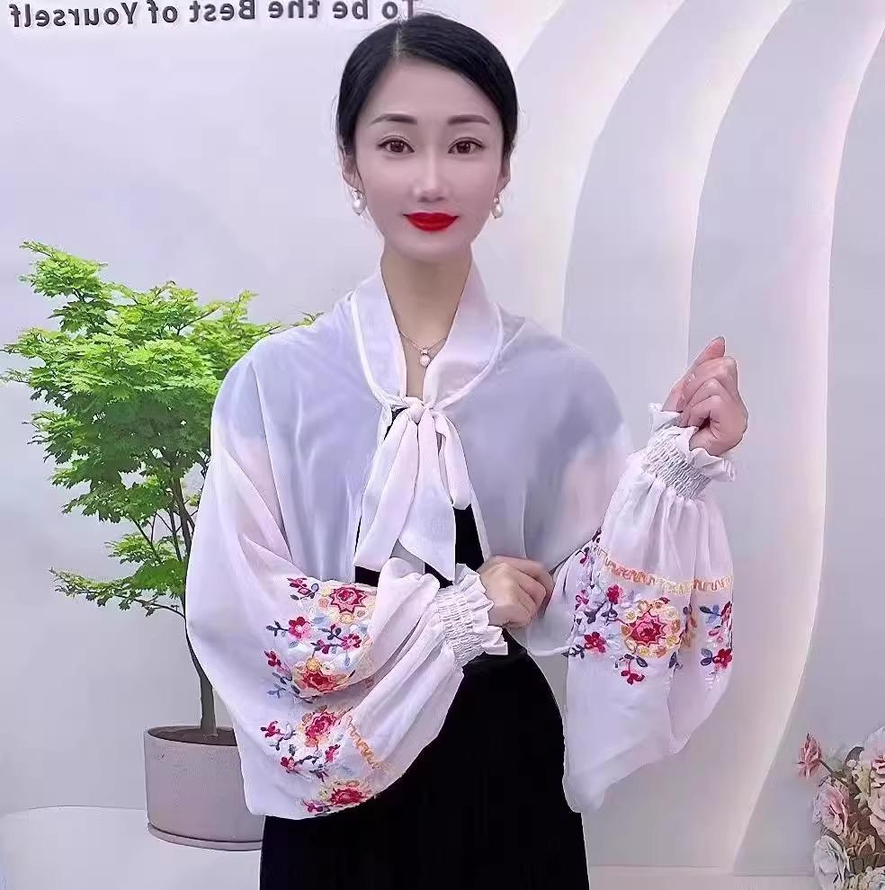 2025 Summer Fashion Embroidered Ice Silk Chiffon Long Sleeve Sun Protection Shawl for Driving and Air-Conditioned Rooms