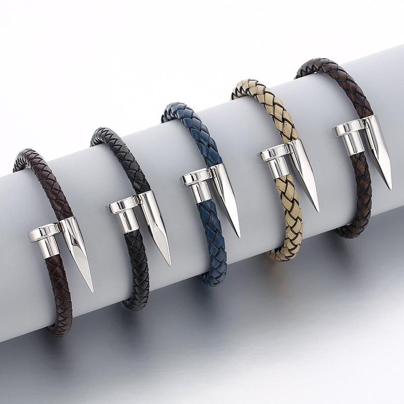 Men's Leather Magnetic Clasp Bracelet with Stainless Steel Nails