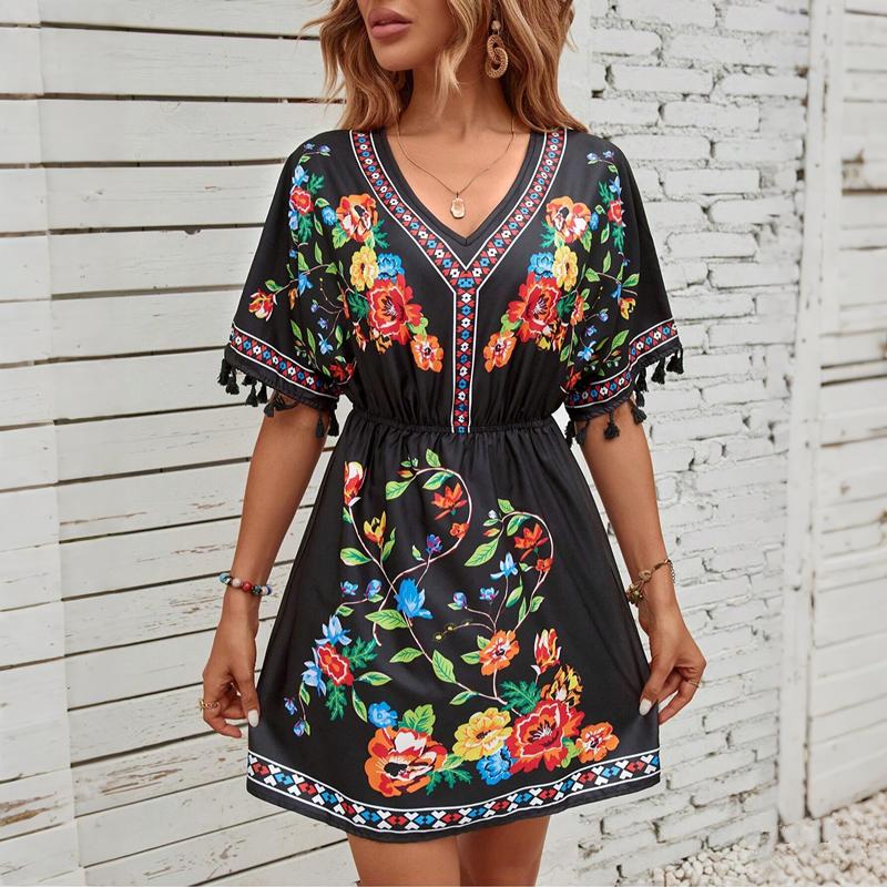 Sommer Neue Mode Vestidos Damen Lässig Sexy Große Größen Vintage Strand Kurzarm Druck Mini Kleid S-2XL