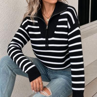 Retro Fashion Striped Half Zipper Holiday Pullover Sweater Women's Autumn and Winter New Loose Long Sleeve Knitted Sweater Top