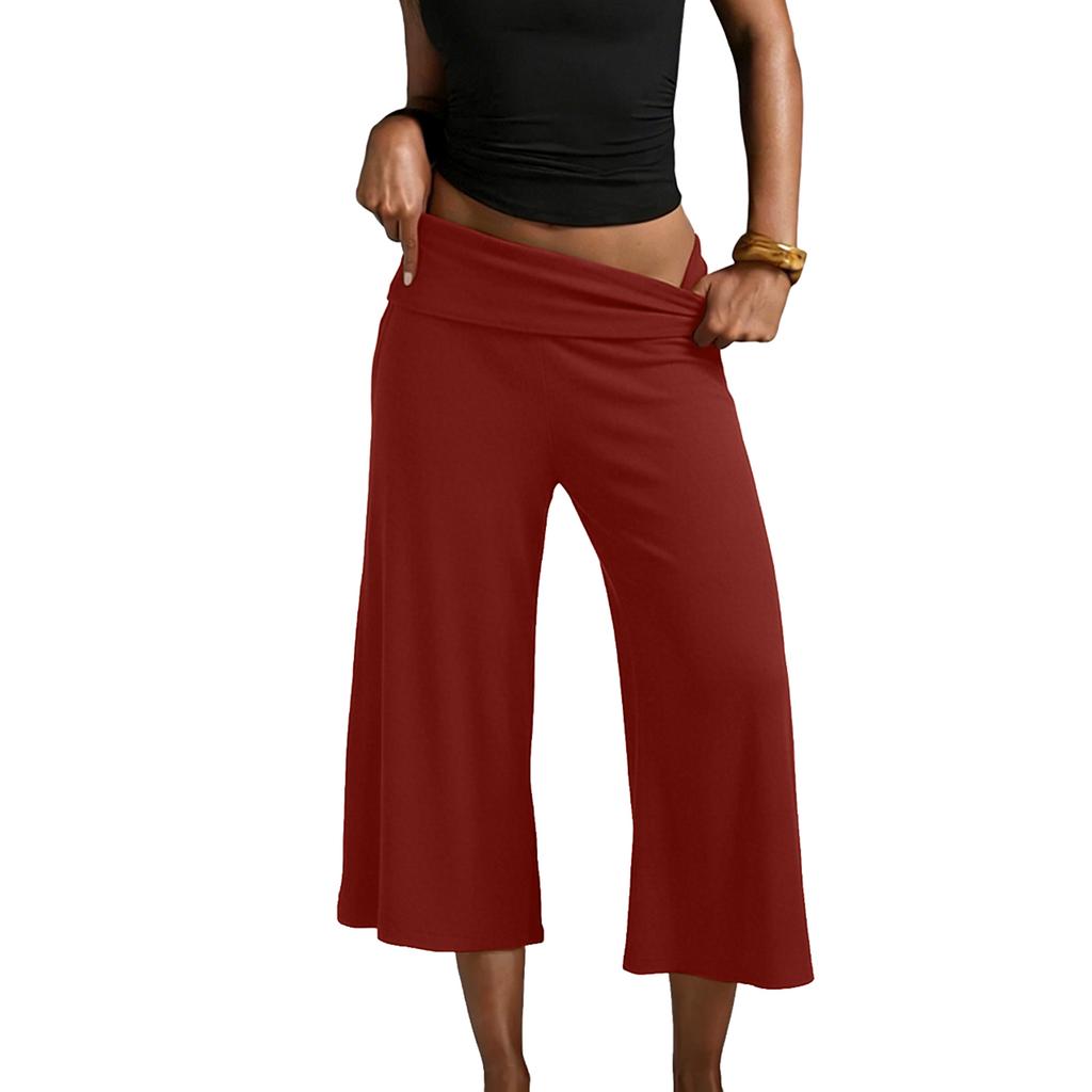 Pantaloni da Yoga da Donna a Gamba Larga Corti con Vita Pieghevole Vestibilità Rilassata Tessuto Morbido ed Elastico per il Comfort
