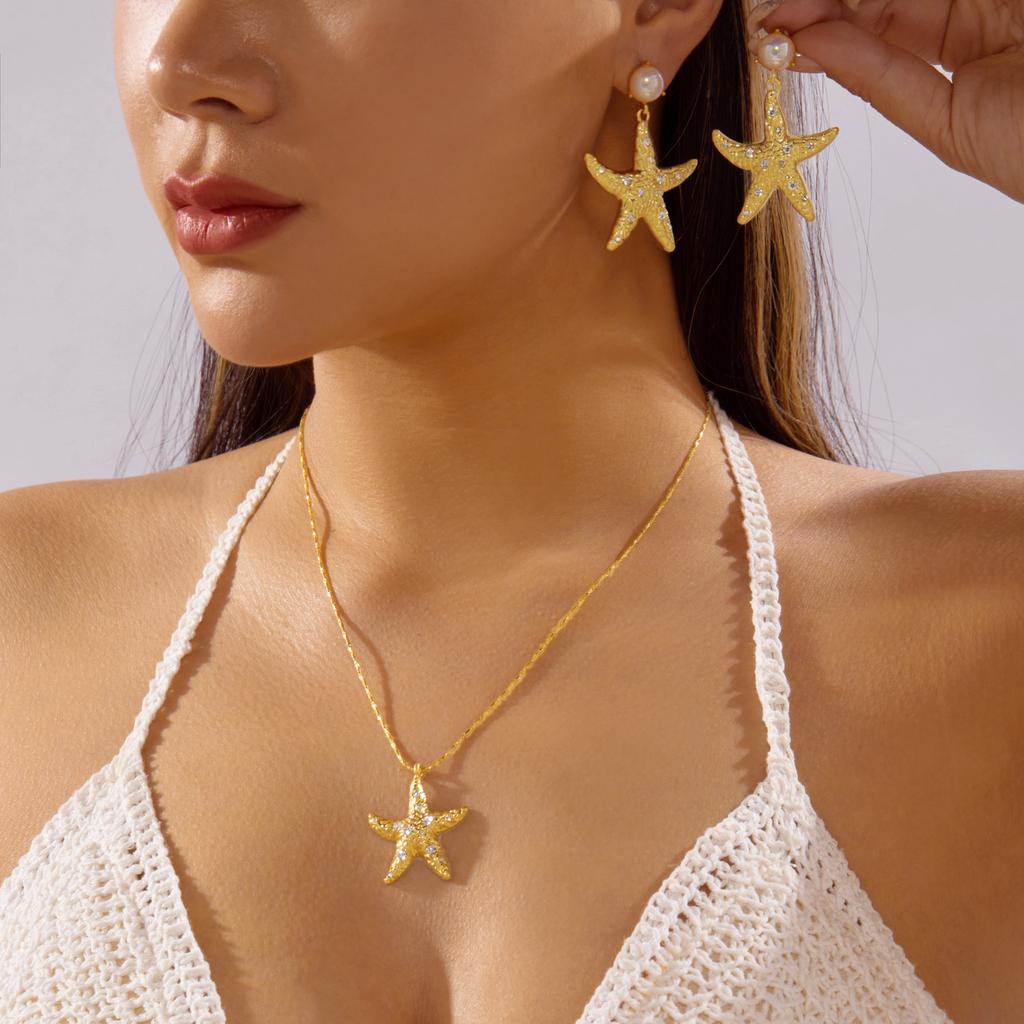 Classic Metal Starfish Stud Earrings for Women Elegant Imitation Pearls Rhinestones Geometric Earrings Necklace Summer Jewelry
