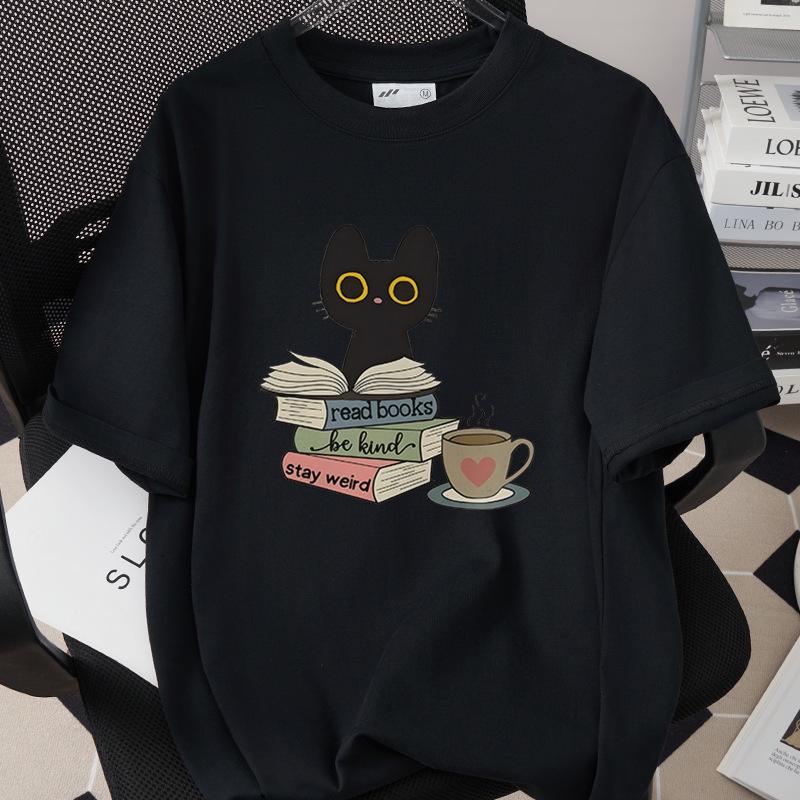 Trendiges Grenzüberschreitendes Katzen-Print-T-Shirt, 260g Reine Baumwolle, Kurzarm, Einfach 1002-45