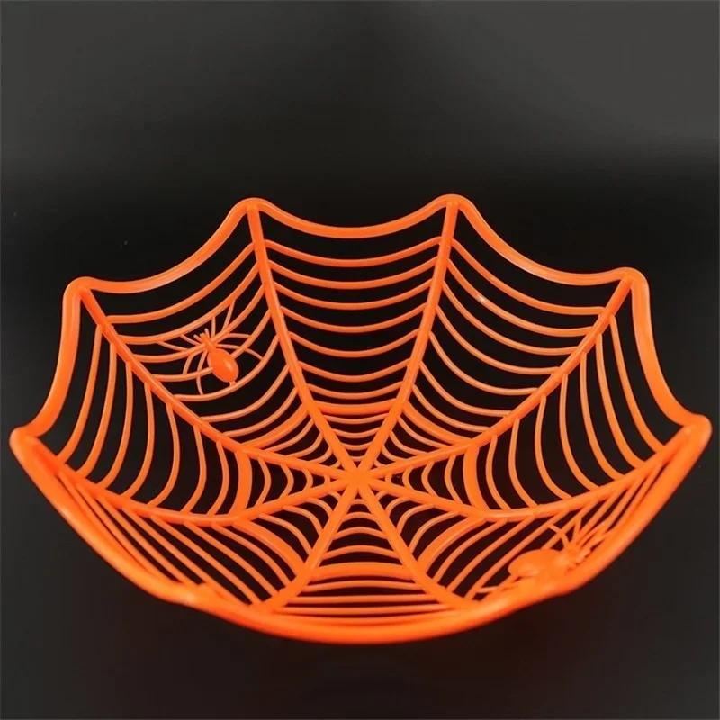 Halloween Decorative Fruit Plate, Halloween Spider Web Candy Basket, Black Orange Candy Bowl, Plastic Candy Box