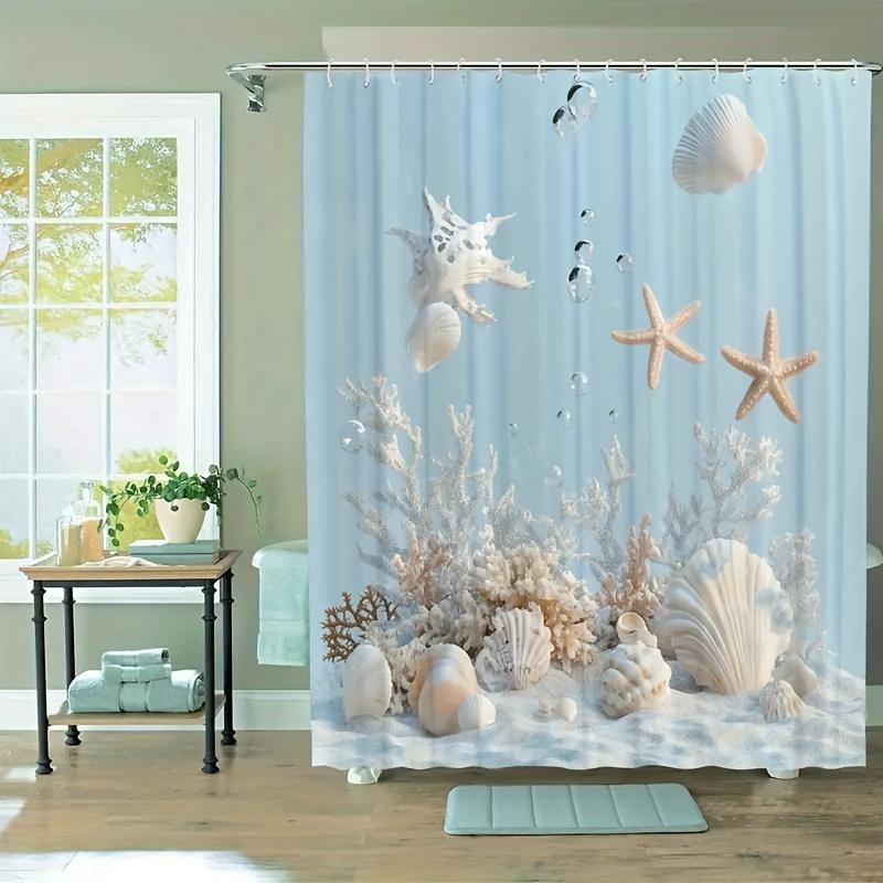 1pc Ocean Theme Coral Starfish Seashell Print Shower Curtain - Wave-Like Fold Design for Bathroom Decor, Toilet & Window