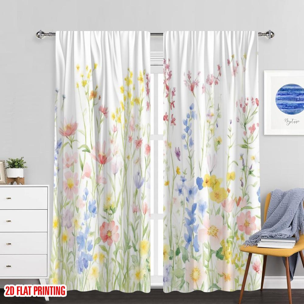 Plane Printing Curtain Popular Floral Symphony Versatile Polyester Fabric Without Rod Holiday Use Living Room Set Of 2 Made Washable Area Ready