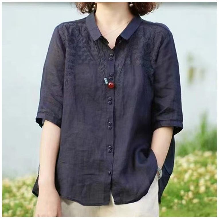 

Художественная ретро хлопково-льняная рубашка с вышивкой и рукавом три четверти на весну-лето XL темно-синий