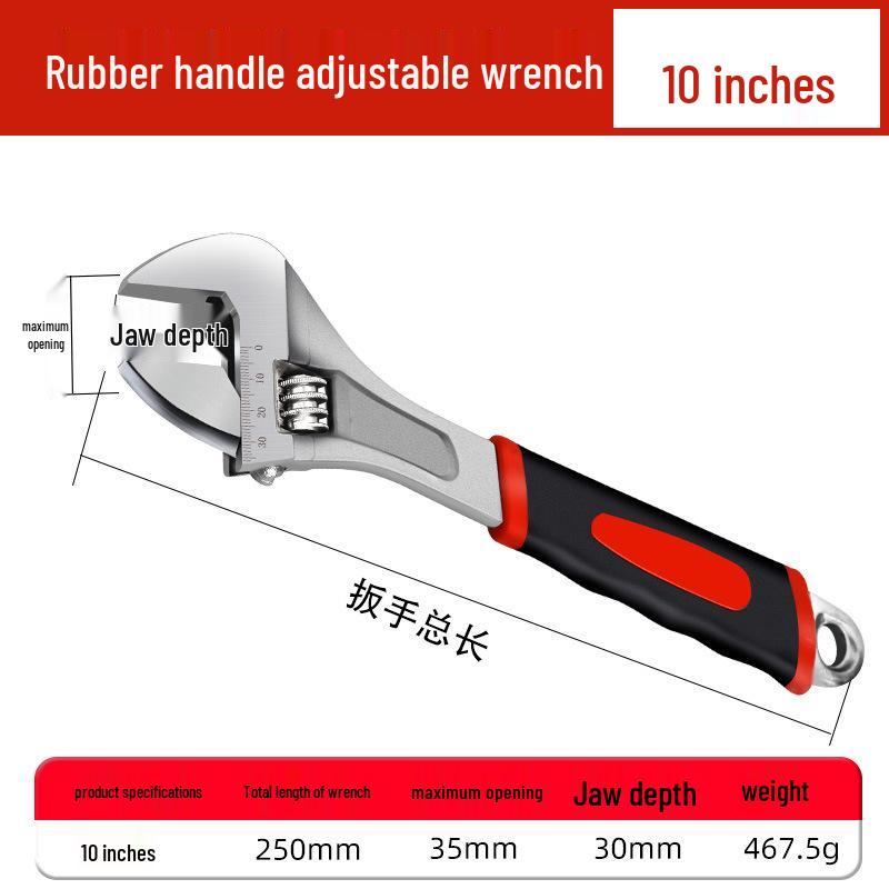 Rubber-coated adjustable wrench for auto repair, vehicle maintenance, and household use with open-end plastic handle.