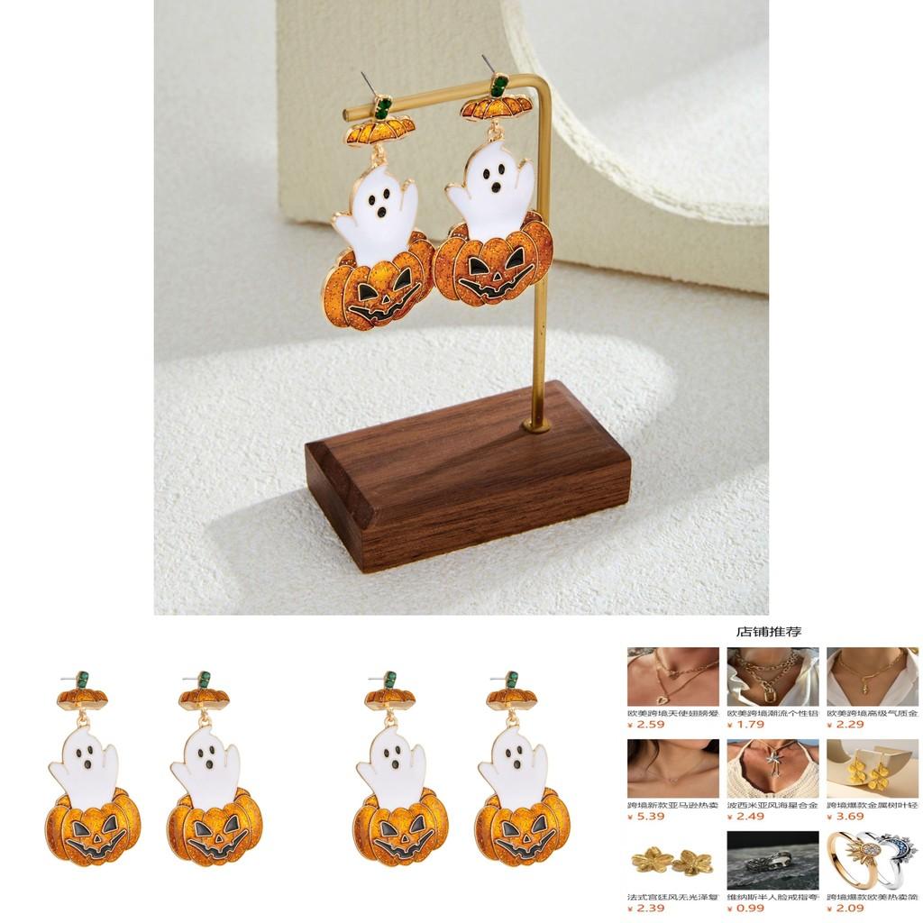 Unique Vintage Style Halloween Pumpkin Ghost Earrings With Sparkling Rhinestones For Women