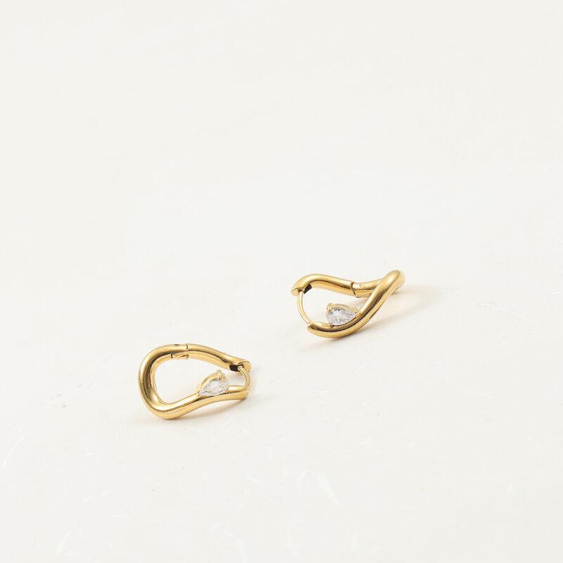 Lanshang Stainless Steel Earrings with Inlaid Tear Drop Cubic Zirconia Twisted Design 18K Gold Plated Jewelry золотой