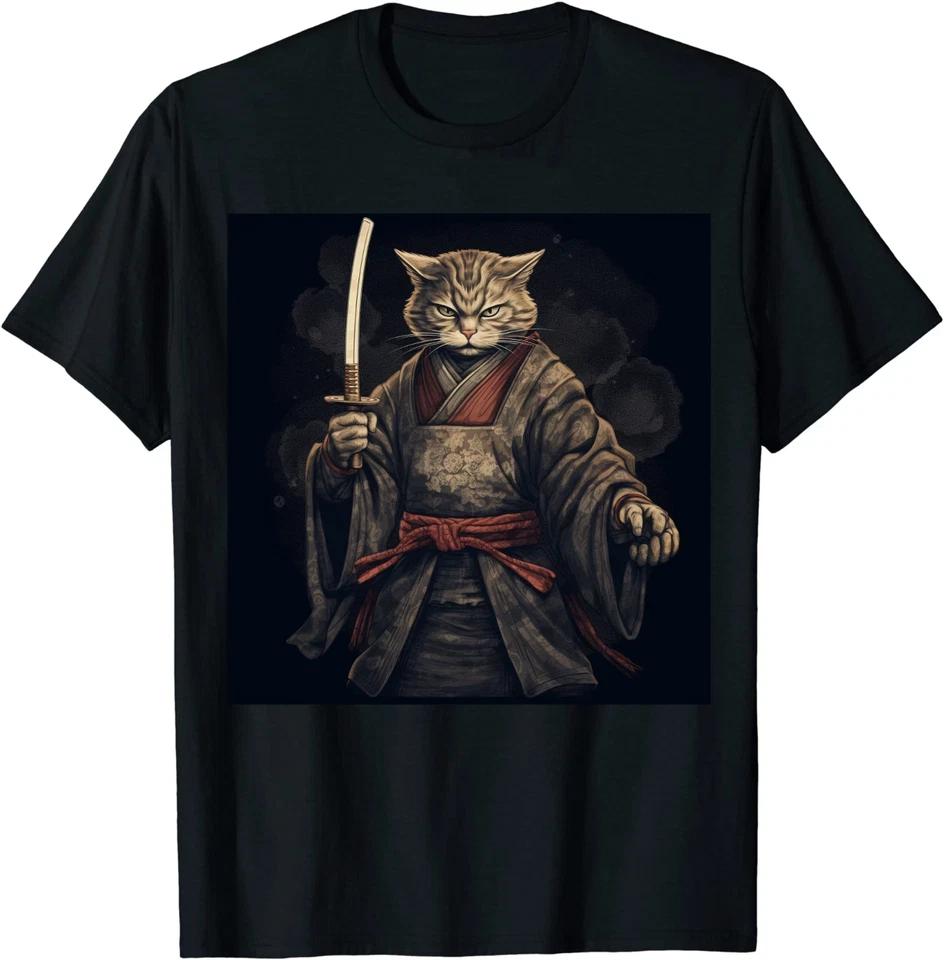Vintage Samurai Cat T-Shirt - Japanese Ninja Art Cool Warrior Tee XL