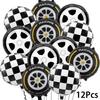 12-Piece Racing-Themed Balloon Set, 18inch Black and White Checkered Balloons, 18inch Tire-Shaped Balloons, 18inch Gold-Edged Tire-Shaped Ballo
