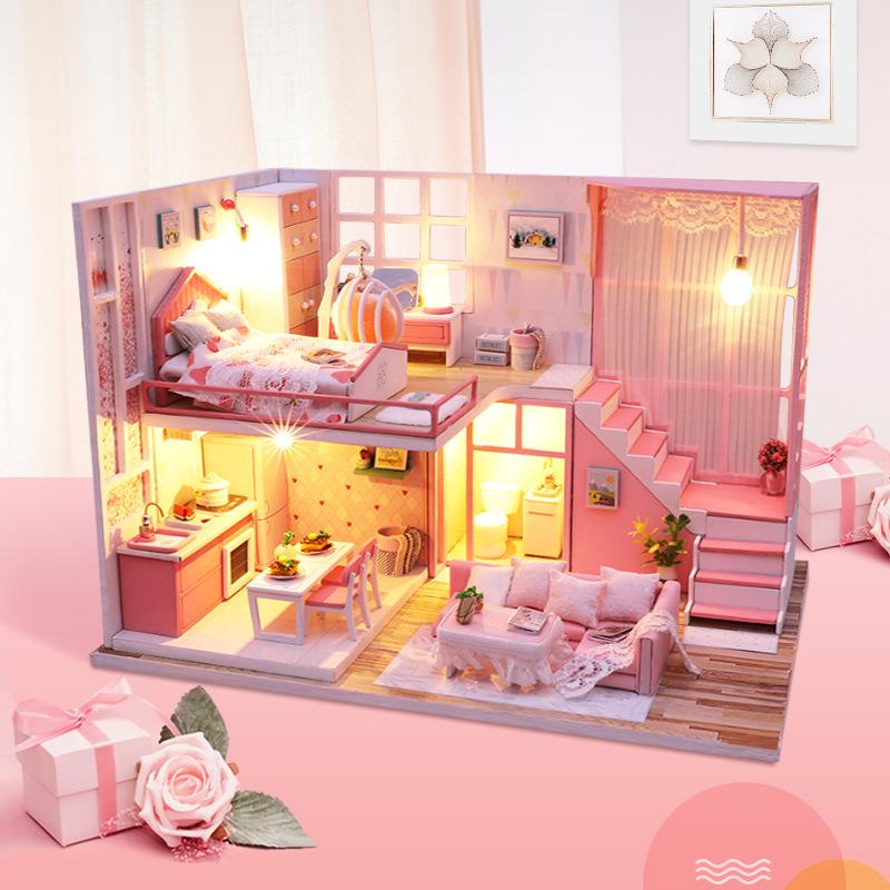 New Creative Villa Model Hut, Wooden Diy Hut Hand-Assembled Toy Gift Light Pink Time Loft