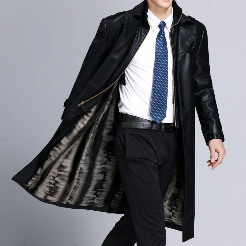 Chaqueta de Cuero para Hombre en Otoño e Invierno Nuevo Estilo Chaqueta de Cuero de Oveja para Padre de Mediana Edad Chaqueta Cortavientos Larga de Cuero con Cuello de Traje para Hombre
