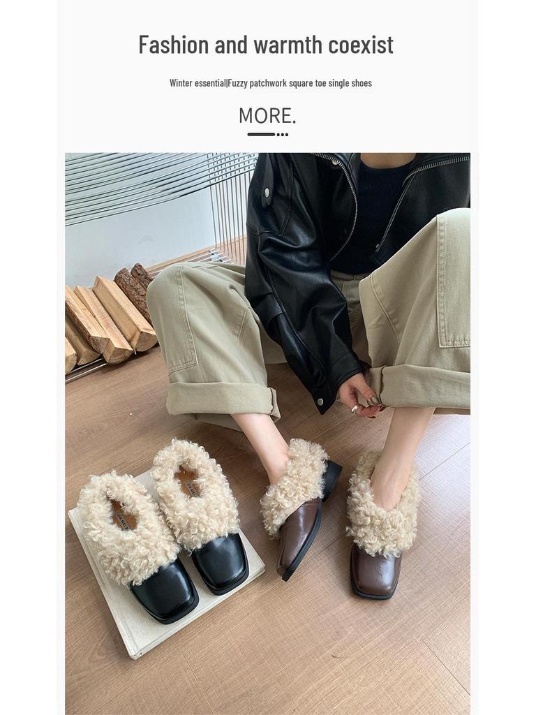 Lässige Blockabsatz Fellige Loafer mit eckiger Zehenpartie - Neue Wintermode Plüsch Lederschuhe