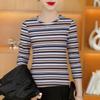 Retro Stripe Long Sleeve T-shirt for Women - Stylish & Versatile for Middle-Aged and Elderly Moms