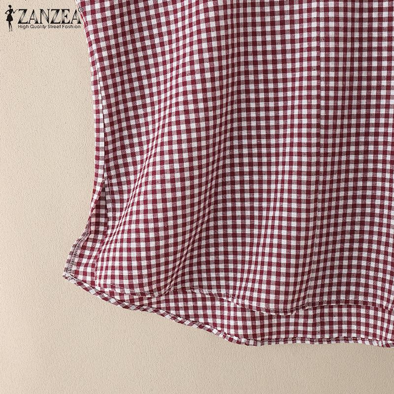 ZANZEA Bluză de vară pentru femei cu gât în V, fără mâneci, casual, retro, cu imprimeu carouri