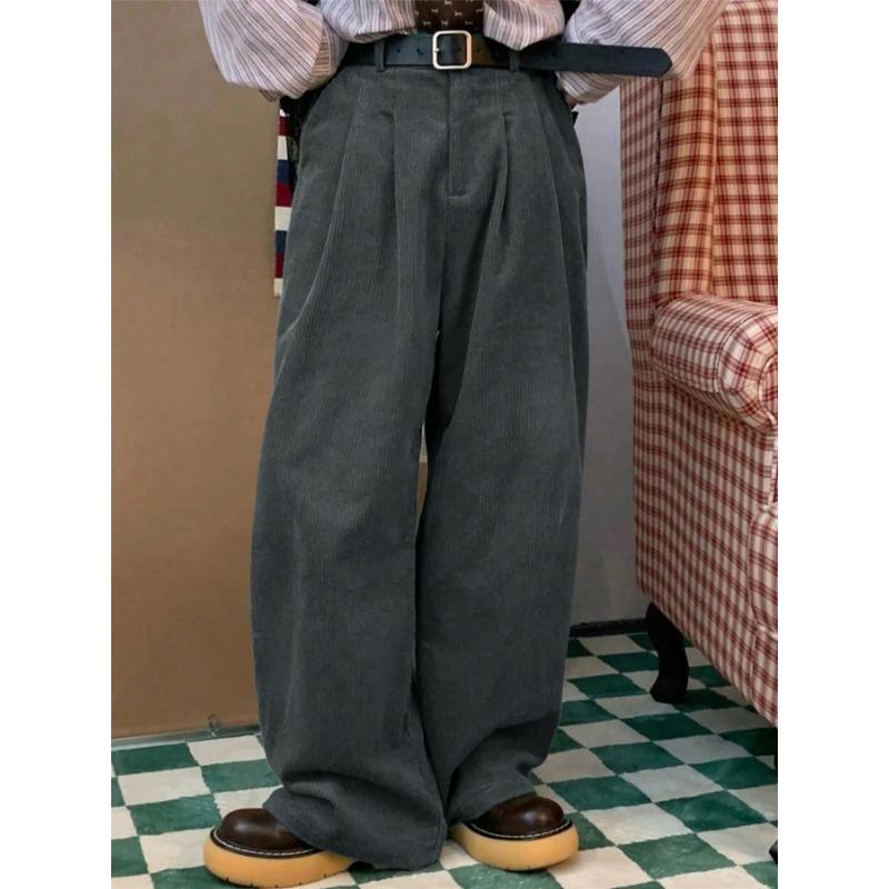 Men's Solid Color Corduroy Trousers Vintage Classic Ribbed Elastic Waist Micro-pleated Daily Pants