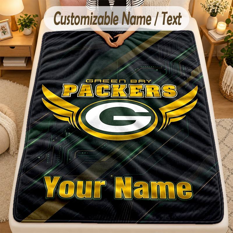 Flannel BlanketGreen Bay Packers Custom Name Text Personalized Soft Warm Throw Blanket Home Decor Gift