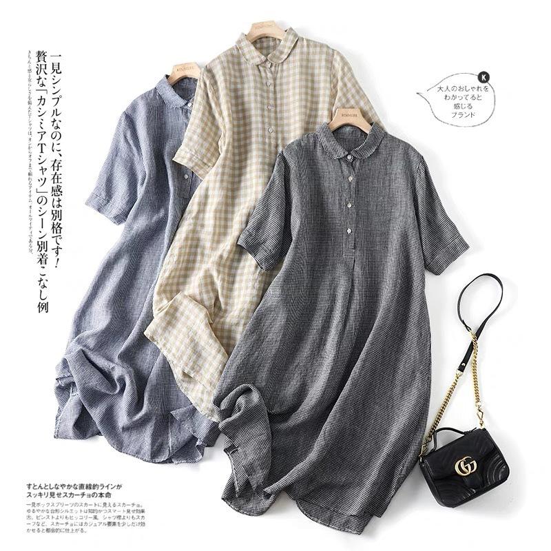 Women's Linen Plaid Dress Retro Half Sleeve Lapel Loose Shirt Maxi Dress Korean Fashion Summer Ladies Girls Shirts Long Dresses