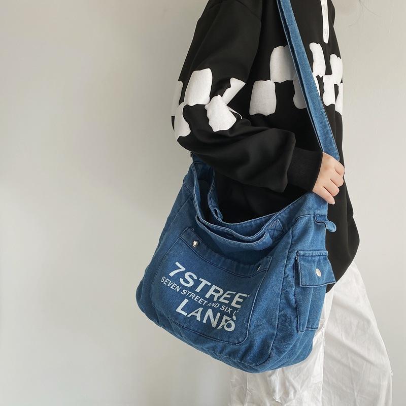 Large Capacity Denim Crossbody Bag Women's Letter Tote Bag Student Shoulder Bag