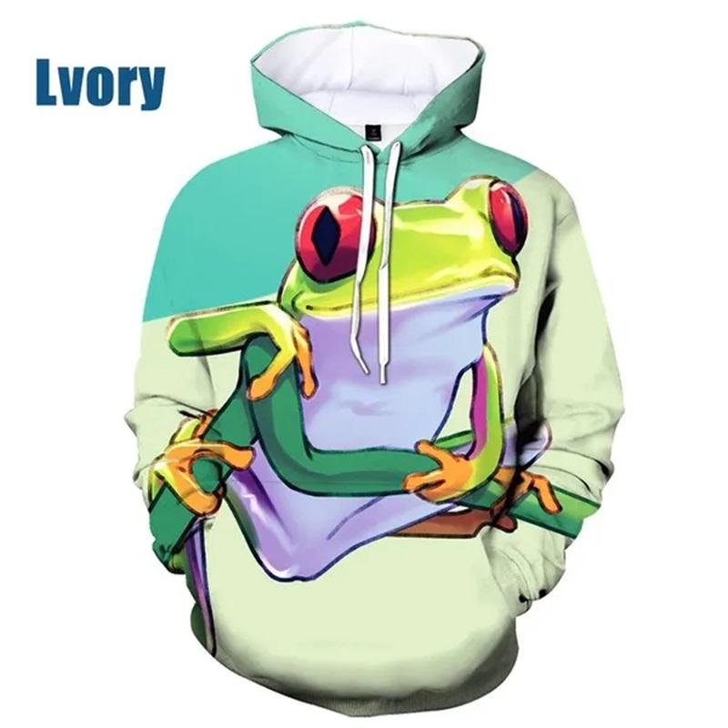 Mode Huvtröjor 3D Tryck Groda Djur Grafiska Huvtröjor Casual Plus Size Pullover Sweatshirts Toppar Herr Heltryckt Huvtröja