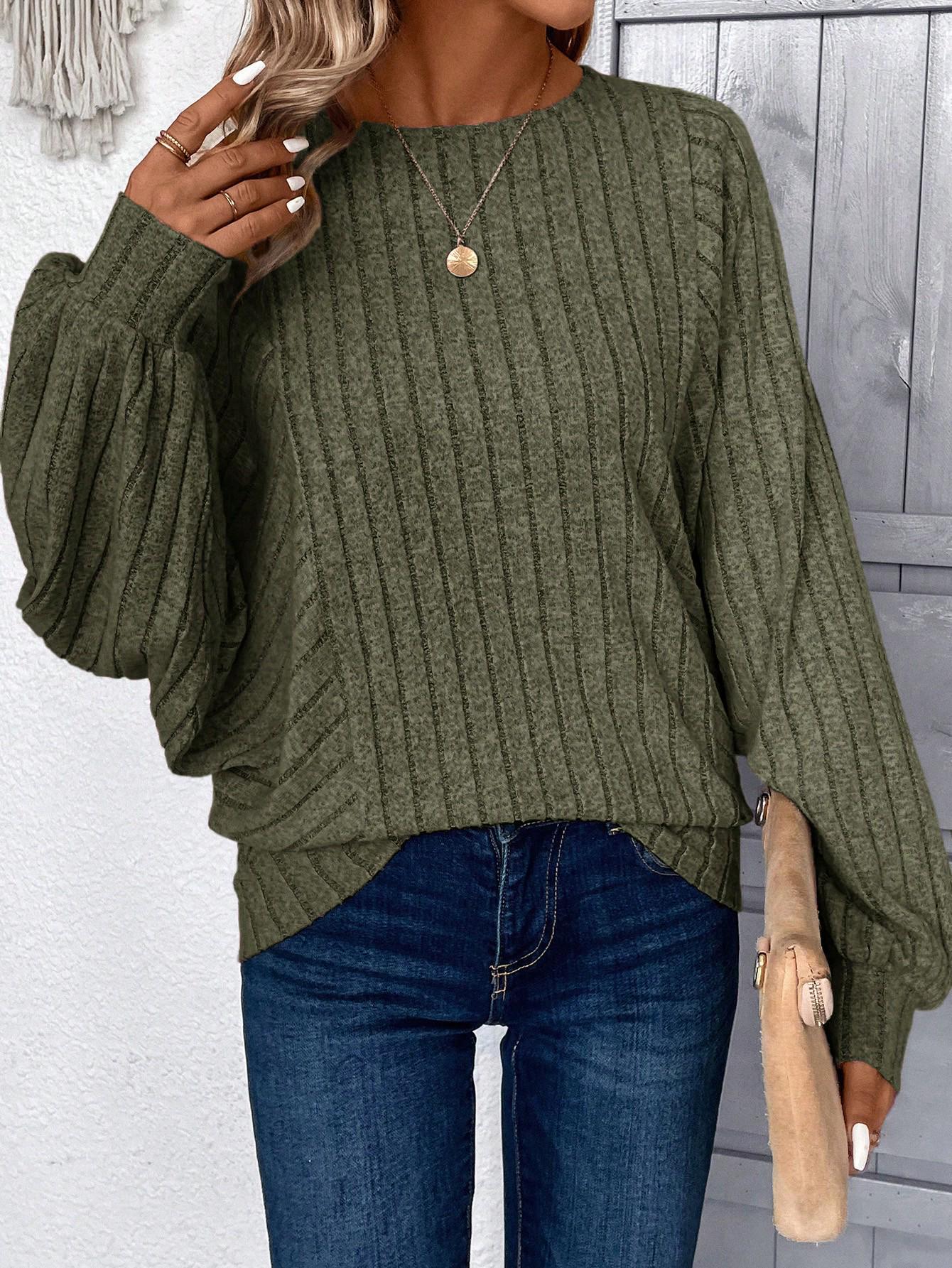 

2025 Women s Chic Ribbed Lantern Sleeve Top - Comfortable Casual Solid Color for Autumn/Winter Small армия зеленый