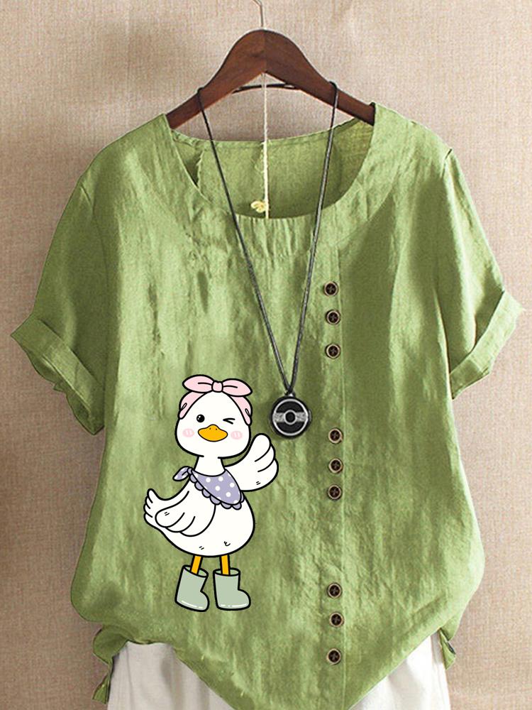 

Women s Fashion Flower Duck Print Shot Sleeve T-shirt Loose Cotton Shirt Casual Loose Summer Blouse Tops Plus Size 5XL зелений