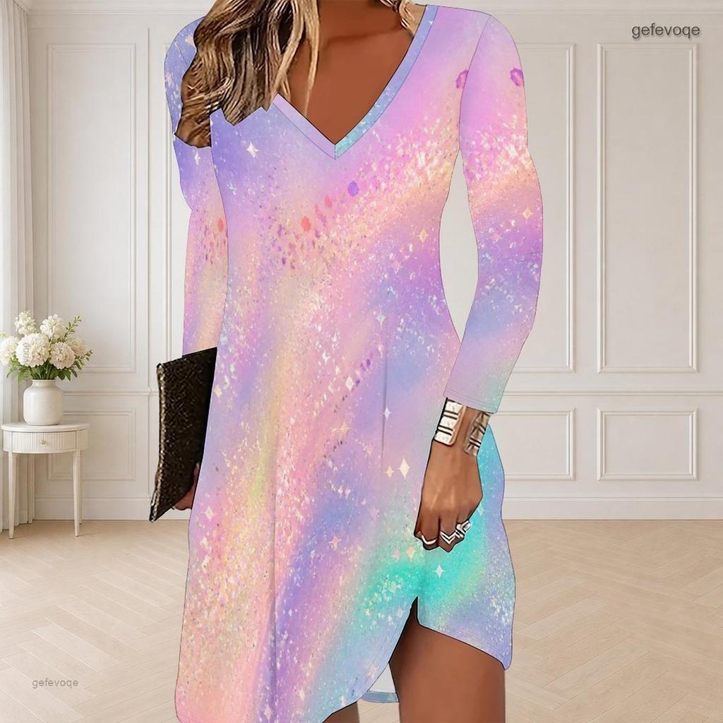 Women Plus Size V Neck Long Sleeve Purple Black Gem Printed Curved Hem Dress