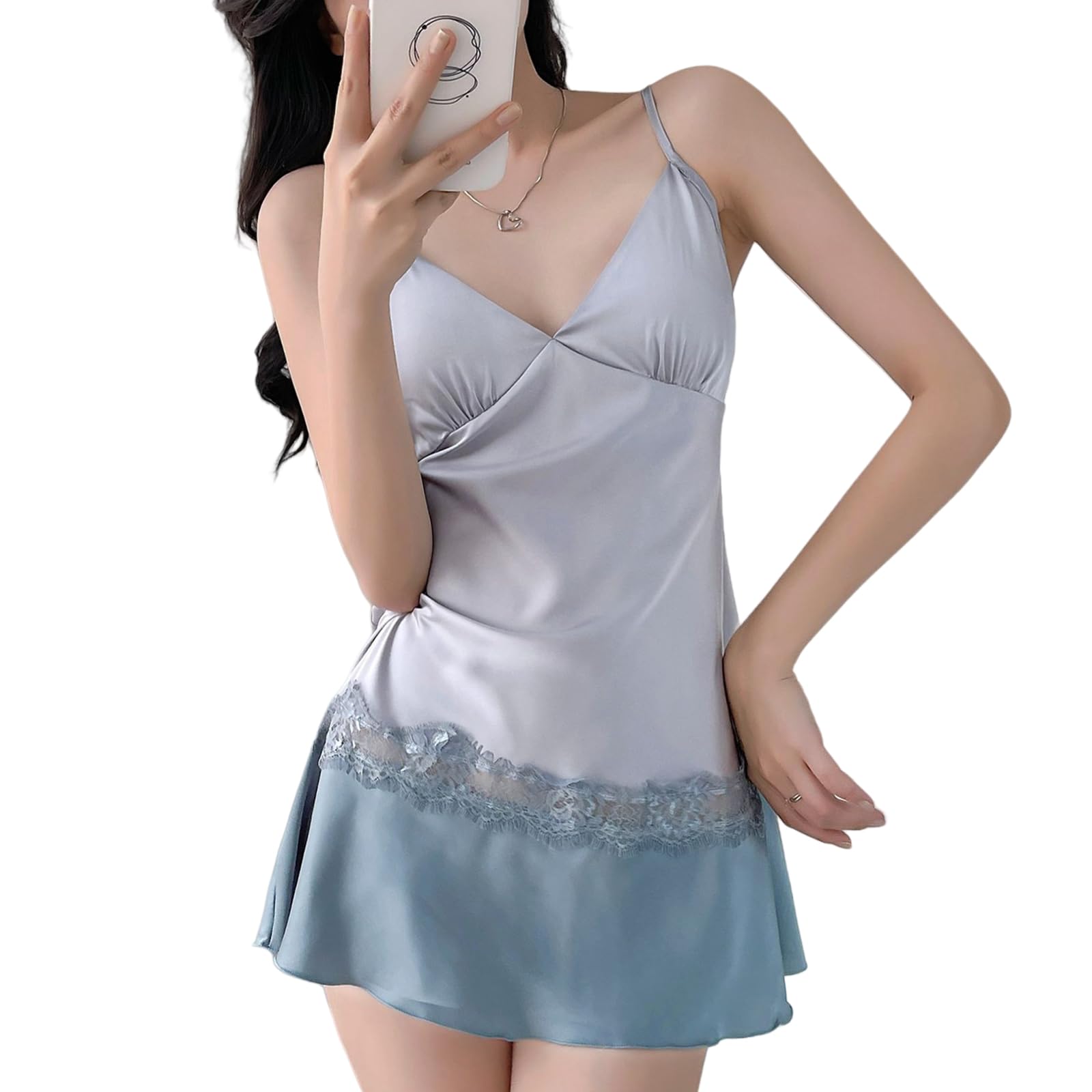 

Pajama Lace with Chest Splicing Loose Summer Perfect Gift for [Guo.KK7] Women s Dress, Nightgown, Pads, Stylish, Stylish, Camisole, See-Through, Sexy, серый