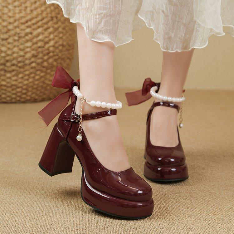 Luxury Women High Heels Elegant Bow Square Toe Women Mary Jane Shoes Pearl Lace Party Wedding Shoes Fashion Platform Women Pumps